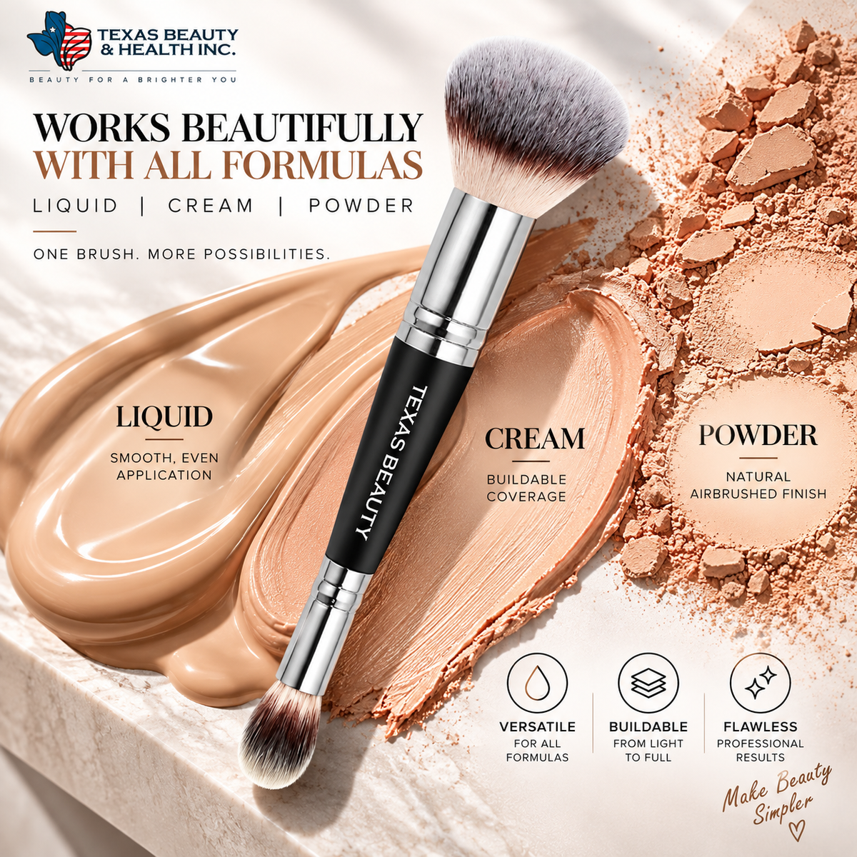 2-in-1 Dual-Ended Foundation & Concealer Makeup Brush – Vegan Blending Brush for Liquid, Cream & Powder | Texas Beauty & Health