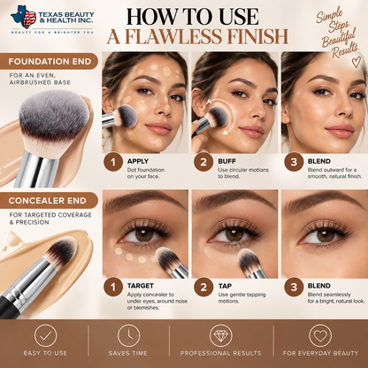 2-in-1 Dual-Ended Foundation & Concealer Makeup Brush – Vegan Blending Brush for Liquid, Cream & Powder | Texas Beauty & Health