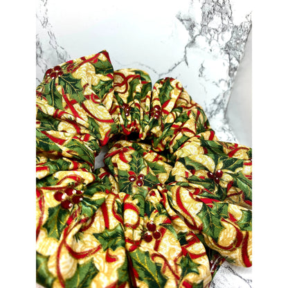 Gold Holly and Ribbon Christmas Scrunchie