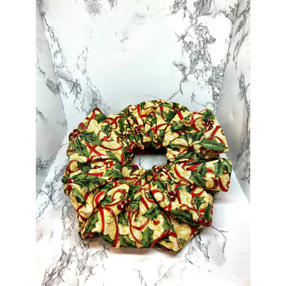 Gold Holly and Ribbon Christmas Scrunchie