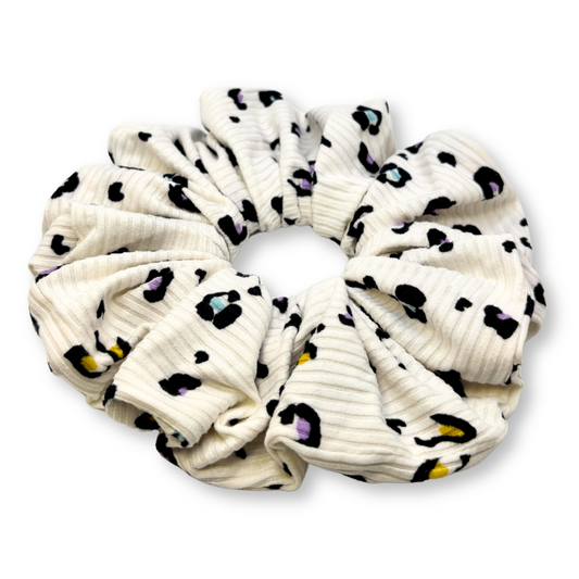 White Colorful Cheetah Ribbed Scrunchie