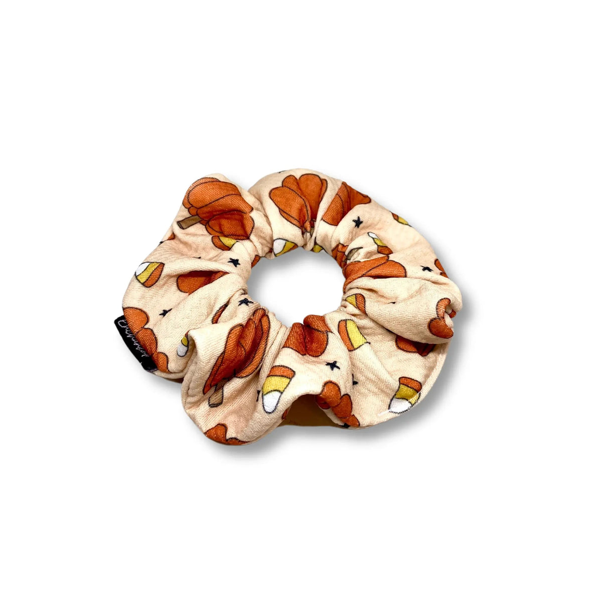 Mini Beige Pumpkin and Candy Corn Bullet Scrunchie