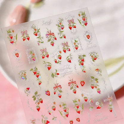Cute Juicy Red Cherry Bowknot 5D Nail Art Stickers Lovely Shiny Crystal Rhinestone Self Adhesive Decoration Manicure Decal DIY