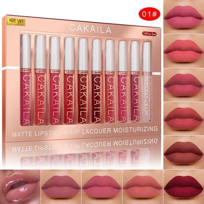 10pcs/set Nude Lip Gloss Matte Velvet Lipstick Waterproof Long-lasting  Liquid Lipstick Women Moist Lip Tint