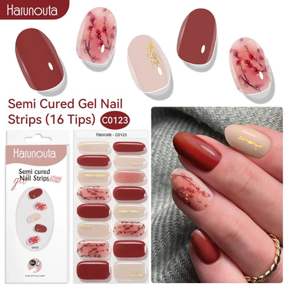 Harunouta 16strips Gradient Red Marble Gold Line Semi Cured Gel Nail Strips DIY Gel Polish Stickers for Nails Work with UV/LED