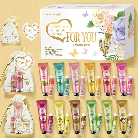 12 Hand gift Hand cream and lip balm set Friends Party Gift with love net bag and thank you card Holiday gift