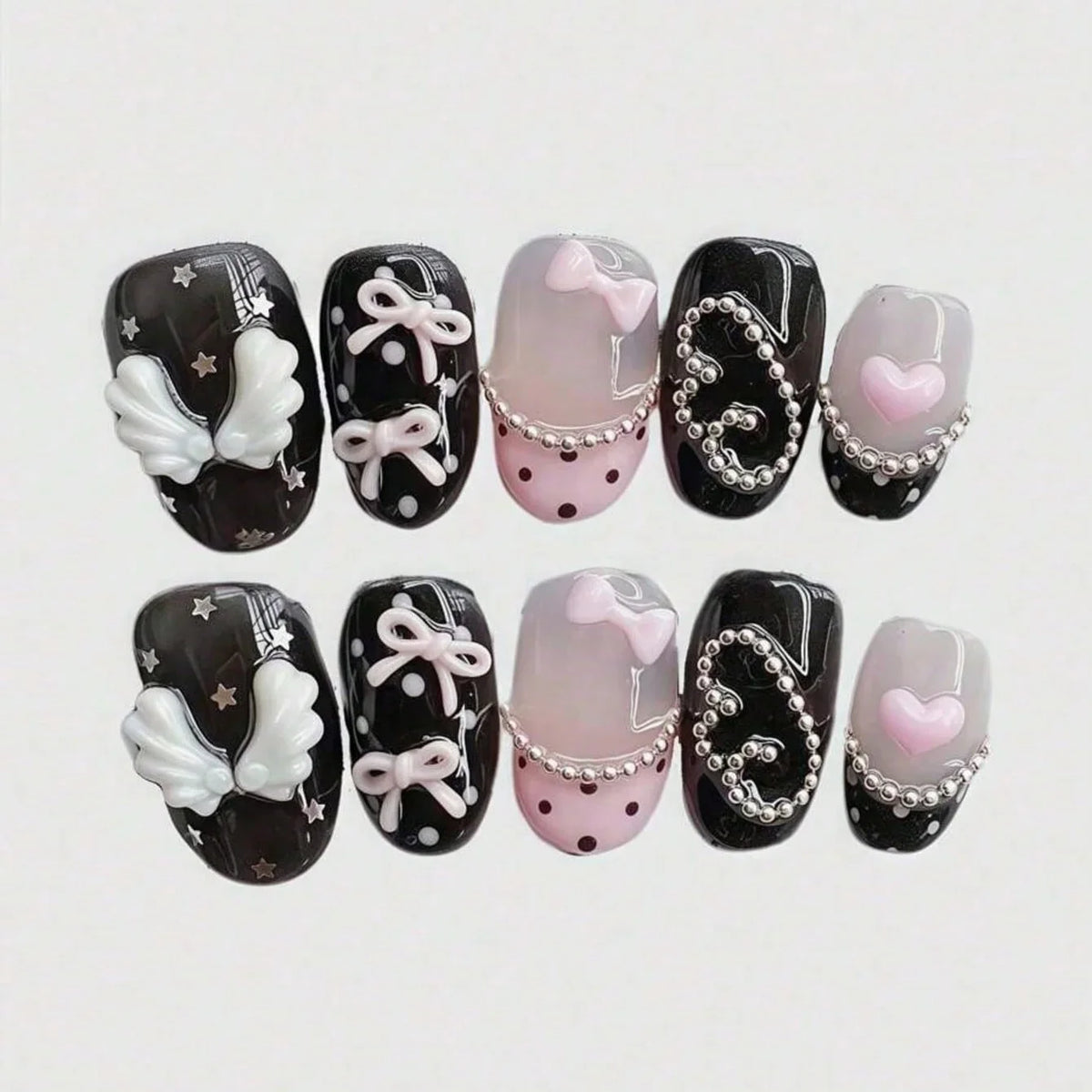 10pcs pure hand pressed short circular nail art, beautiful fake nails, sweet and cool pink bow, suitable for women to use