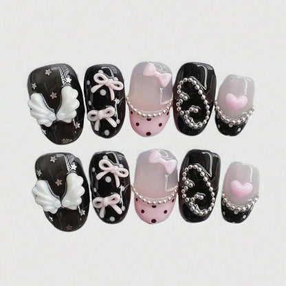 10pcs pure hand pressed short circular nail art, beautiful fake nails, sweet and cool pink bow, suitable for women to use