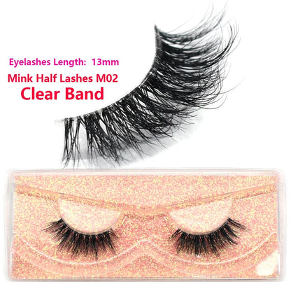 3D Mink Fluffy Half False Eyelashes Natural Soft Lightweight Clear Band Half Eye Strip Lashes Reusable Short Eyelashes Extension