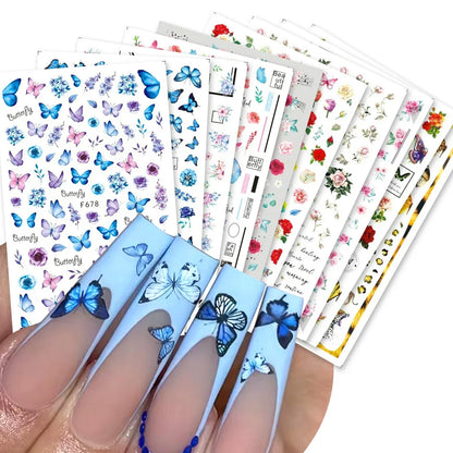 Elegant Butterfly Nail Manicure Stickers Blue Butterflies Leopard Retro Flowers Adhesive Decal Wedding Charm Manicure Tips