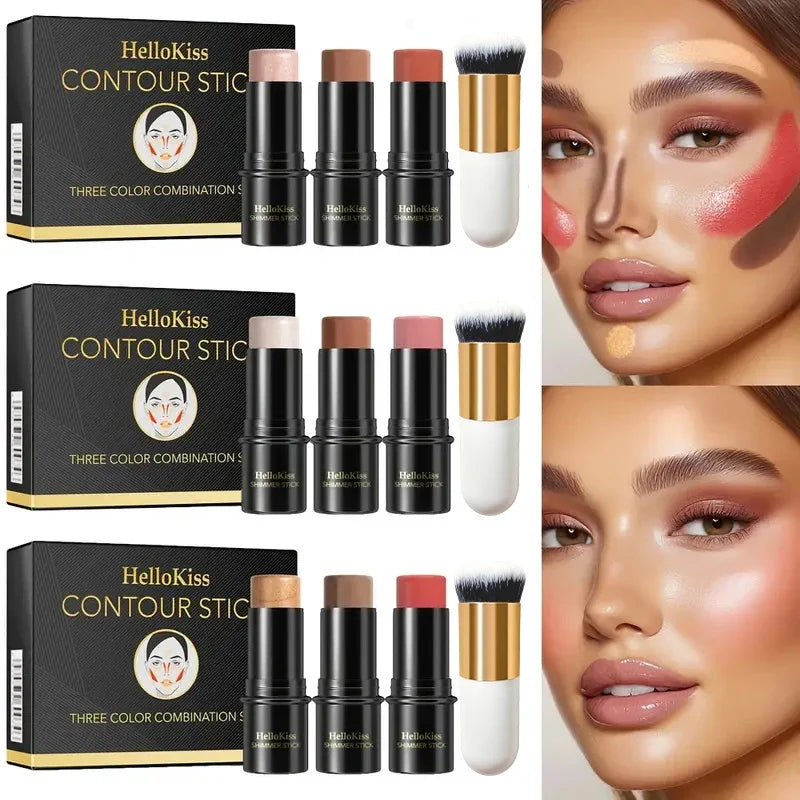 4pcs Blush & Highlighter Contour Stick with Brush - Waterproof, Long-Lasting, Multi-Function Makeup for Blush, Dark Circles.