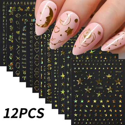12pcs Bronzing Laser Star Nail Stickers 3D Alphabet/Heart/Flower Nail Art Self-Adhesive Sliders DIY Gradient Manicure Y2K Decals