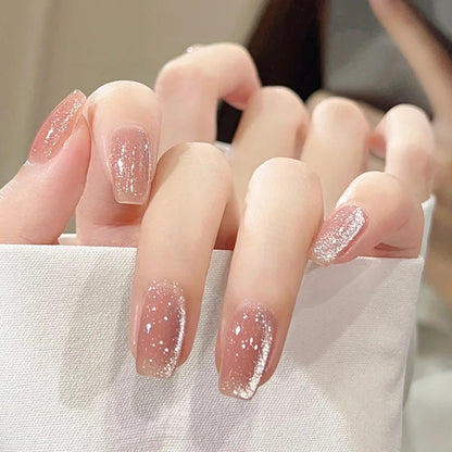24Pcs Pink Cat Blue Love Cute Short Ballet Press on False Nails Sweet French Cat Eye Bow Star Designs Style Detachable Nails Set