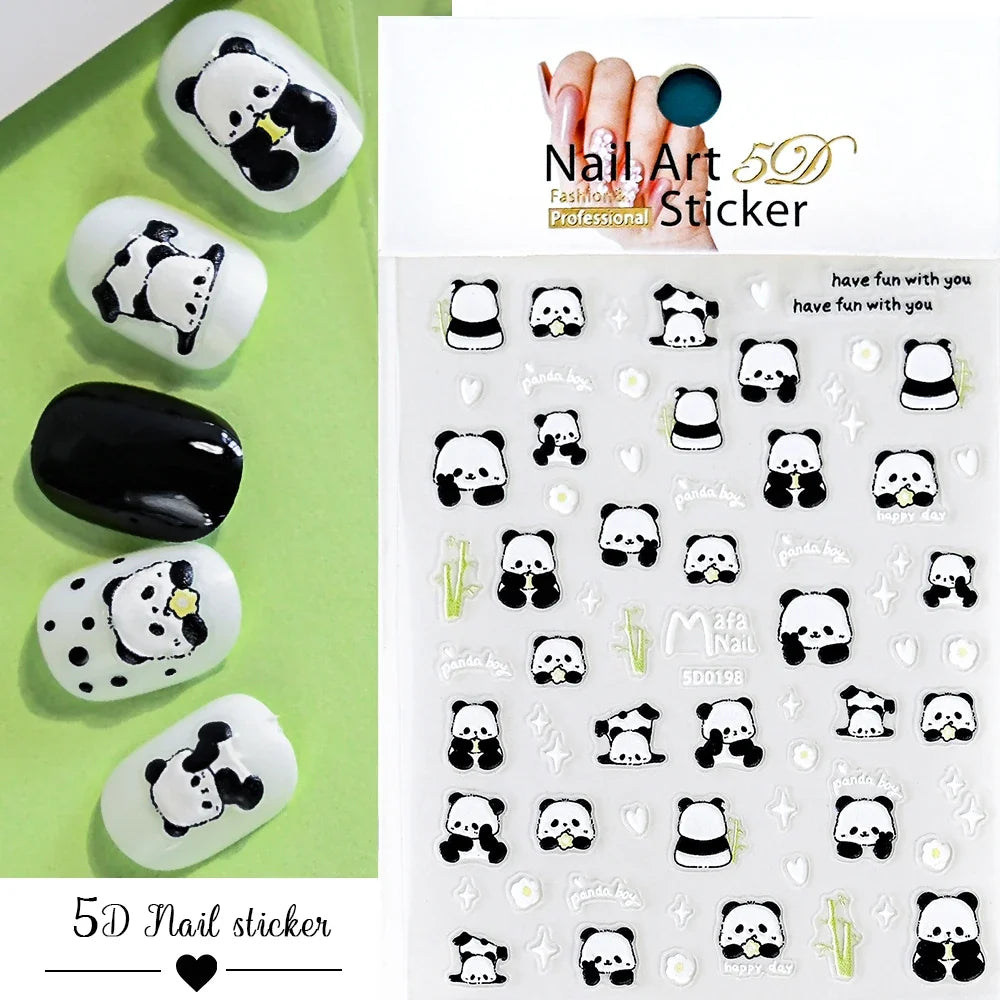 1Pcs 5D Lovely Panda Nail Stickers Cartoon Rabbit/Flower/Animal Self Adhesive Nail Art Decals Y2K Manicure Decorations Sliders *
