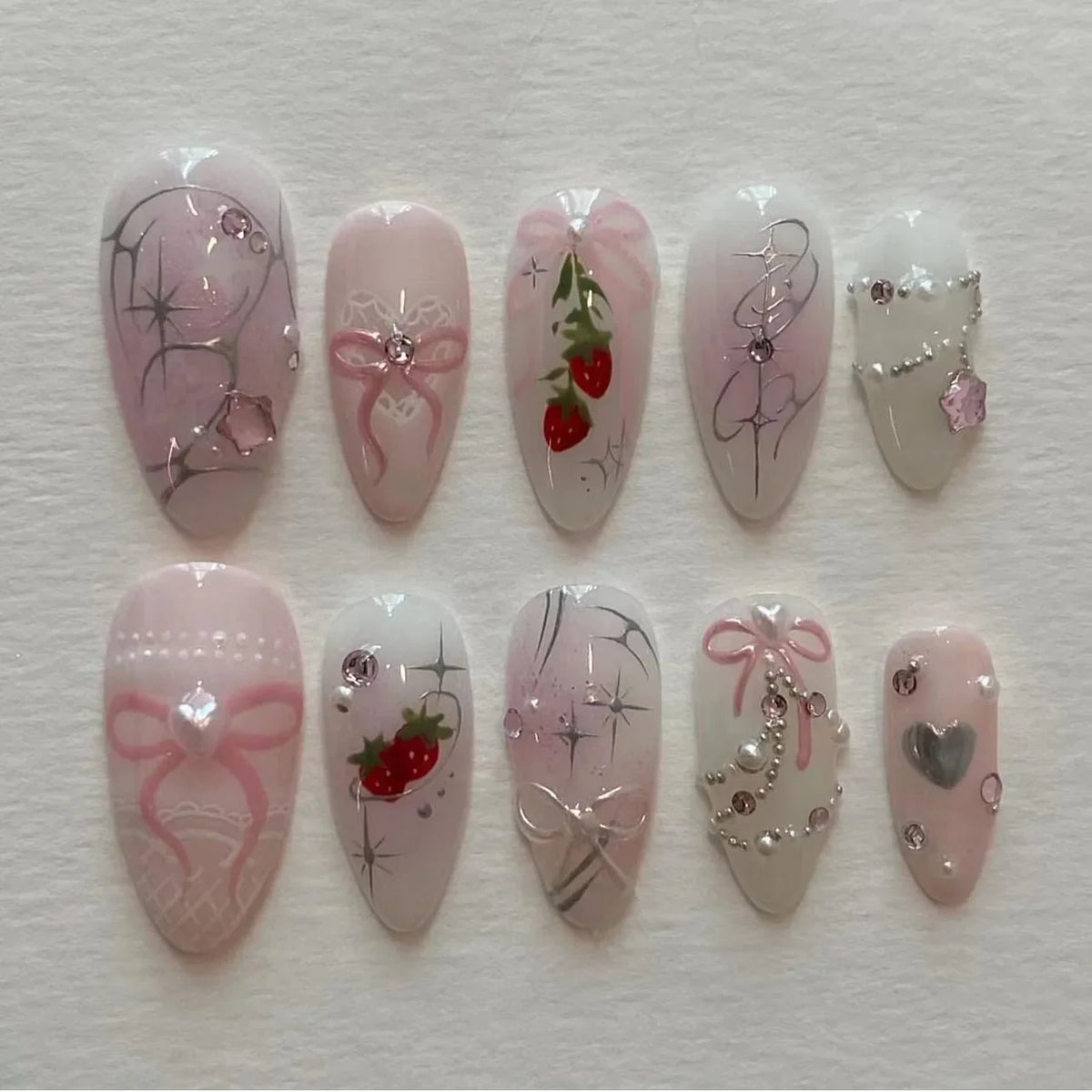 24PCS Wine Red Almond Press on Nails Cartoon Rabbit Bowknot with Plaid Pearl Designs French Fake Nails for Girls Detachable Nail