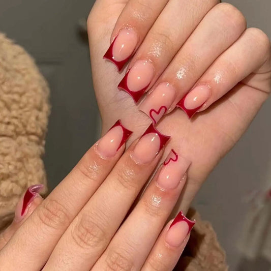 Instantly Upgrade Your Look With 24pcs-Red heart-shaped false nail set-Detachable And 1pc Cuticle Pusher