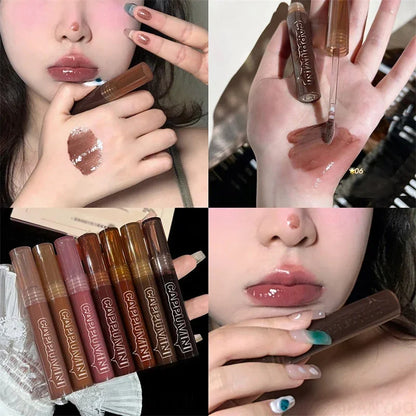 Punk Dark Brown Mirror Water Lip Gloss Red Lip Glaze Transparent Glass Lip Oil Waterproof Liquid Lipstick Clear Tint Makeup