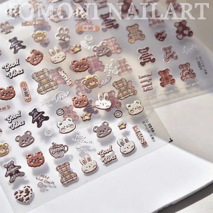 1pcs 5D Japanese Kawaii Bear Nail Art Stickers Brown Cartoon Animals Self-Adhesive Nail Decoration Decals DIY Slider Accessories