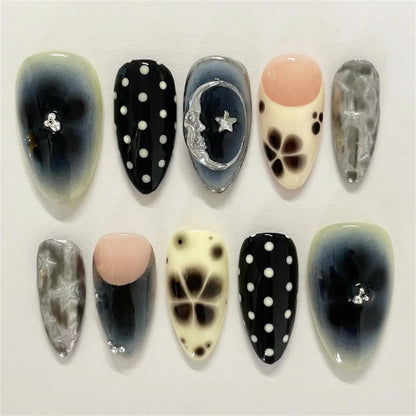24pcs Flower Print Press on Nails Wine Red Blush Almond False Nail Tips Wearable Reusable Summer Spicy Girl Fake Nails