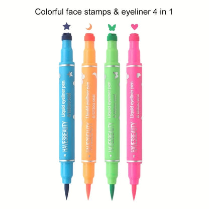 Double-head Liquid Stamp Eyeliner Set, 4 Styles/Colors Waterproof Slim Gel Felt Tip Liquid Eyeliner,Stars Hearts Moon Butterfly