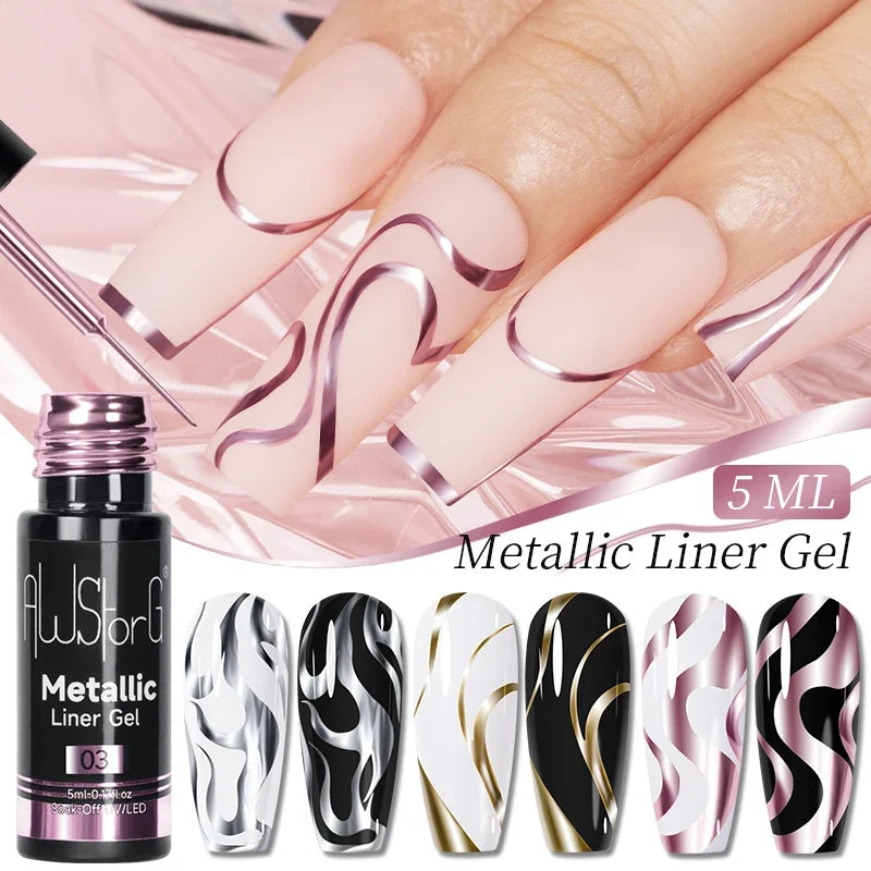 5ML Gold Silver Metallic Liner Paint Gel Polish Chrome Mirror Metal Effect Super Bright French UV LED Semi Permanent Nail Gel