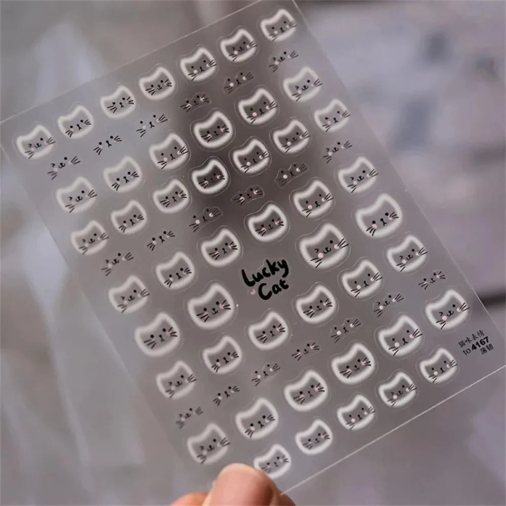 White Halo Dyeing Cat Face Cup Black Orange Toy Umbrella Love Heart Kitty Cake Embossed Relief Nail Art Stickers Manicure Decals