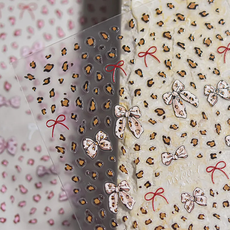 French Leopard Print Bowknot Lace Ribbon Rhinestone Pearl Bow Tie Simple White Black Nail Art Stickers Decoration Manicure Decal