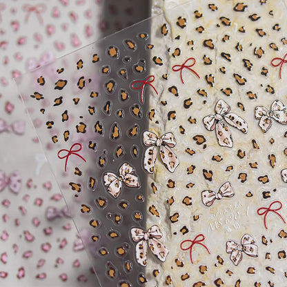French Leopard Print Bowknot Lace Ribbon Rhinestone Pearl Bow Tie Simple White Black Nail Art Stickers Decoration Manicure Decal