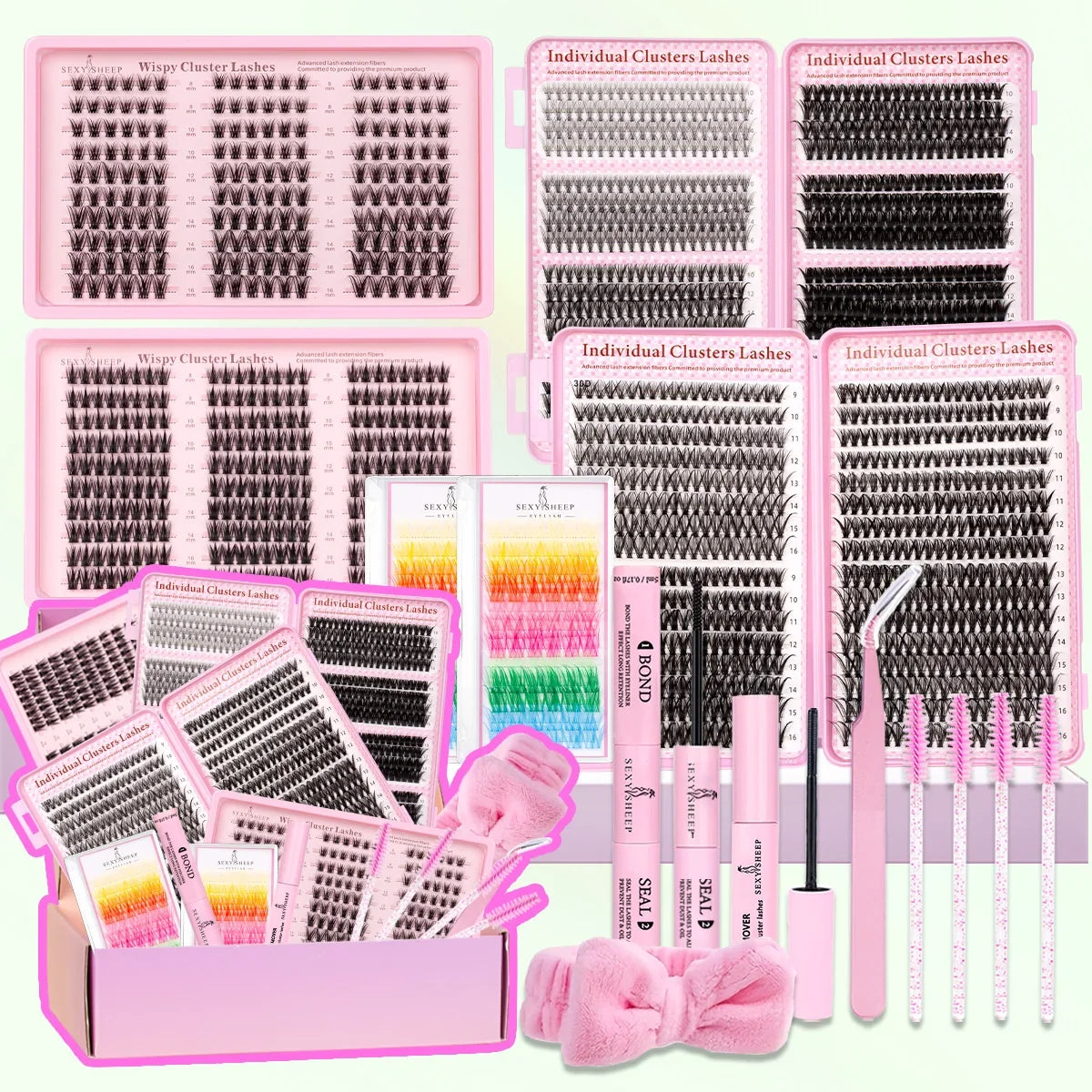 DIY Lash Clusters Kit Mixed Styles Eyelash Extension Full Set Individual Lashes with Lash Bond&Seal and Tweezers Makeup Tool
