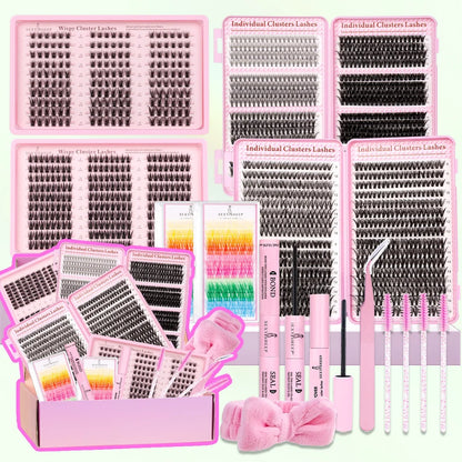 DIY Lash Clusters Kit Mixed Styles Eyelash Extension Full Set Individual Lashes with Lash Bond&Seal and Tweezers Makeup Tool