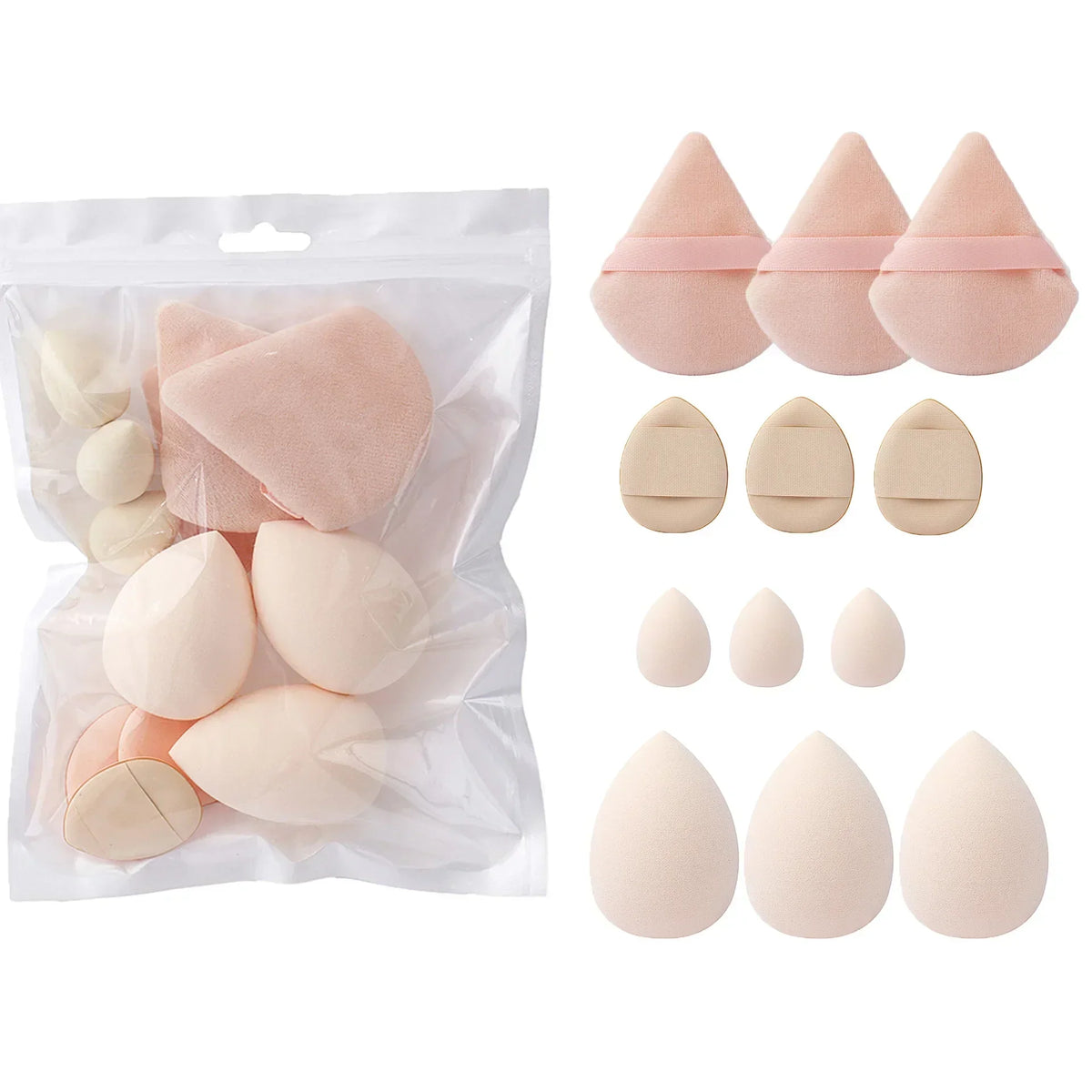 12-Piece All-Purpose Makeup Sponge Set, Made of 3 loose Powder Puffs, 3 Mini Air Cushion Puffs, 3 Beauty Eggs and 3Mini Beauty