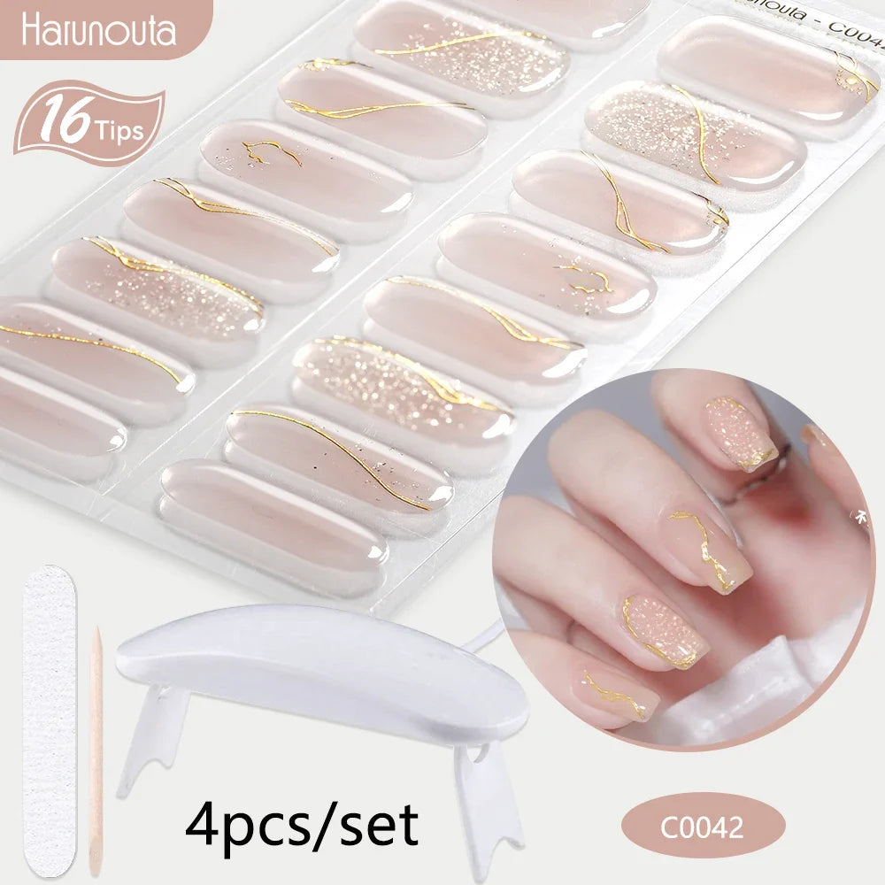 Harunouta 4pcs/set Gradient Jelly Semi Cured Gel Nail Strips with Nail Lamp Nude Pink Waterproof Nail Stickers Long Lasting Wrap