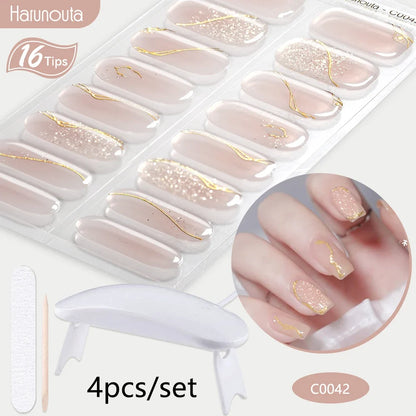 Harunouta 4pcs/set Gradient Jelly Semi Cured Gel Nail Strips with Nail Lamp Nude Pink Waterproof Nail Stickers Long Lasting Wrap