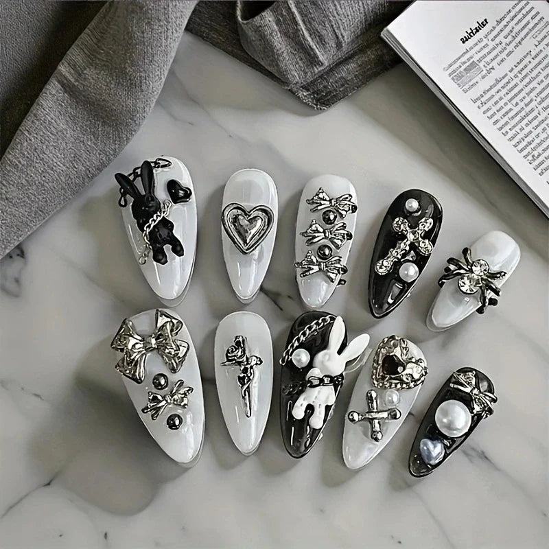 10pcs personalized black and white nail art, rabbit and bow decoration - Gothic minimalist style, suitable for daily wear