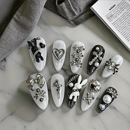 10pcs personalized black and white nail art, rabbit and bow decoration - Gothic minimalist style, suitable for daily wear