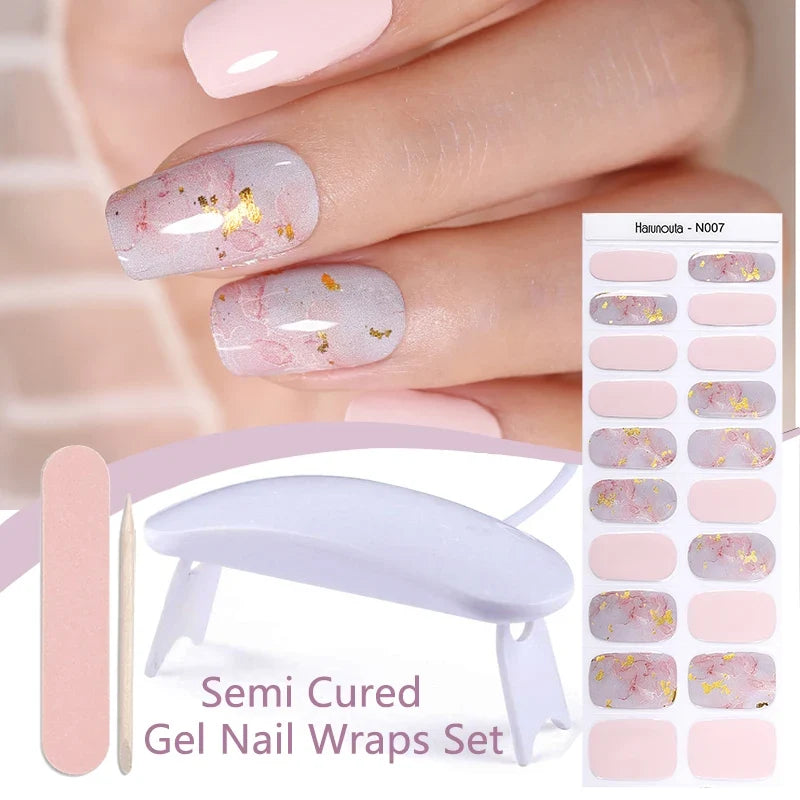 Harunouta 4pcs/set Gradient Jelly Semi Cured Gel Nail Strips with Nail Lamp Nude Pink Waterproof Nail Stickers Long Lasting Wrap