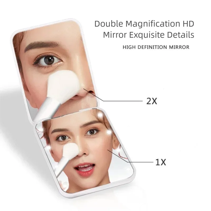 Compact Folding Mirror Portable Mini LED Makeup Mirror With 8 LED, 2x Magnification Button Battery Powered
