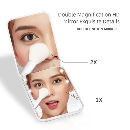 Compact Folding Mirror Portable Mini LED Makeup Mirror With 8 LED, 2x Magnification Button Battery Powered