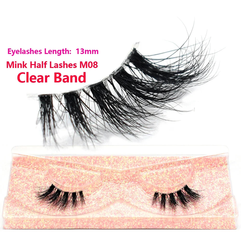 3D Mink Fluffy Half False Eyelashes Natural Soft Lightweight Clear Band Half Eye Strip Lashes Reusable Short Eyelashes Extension