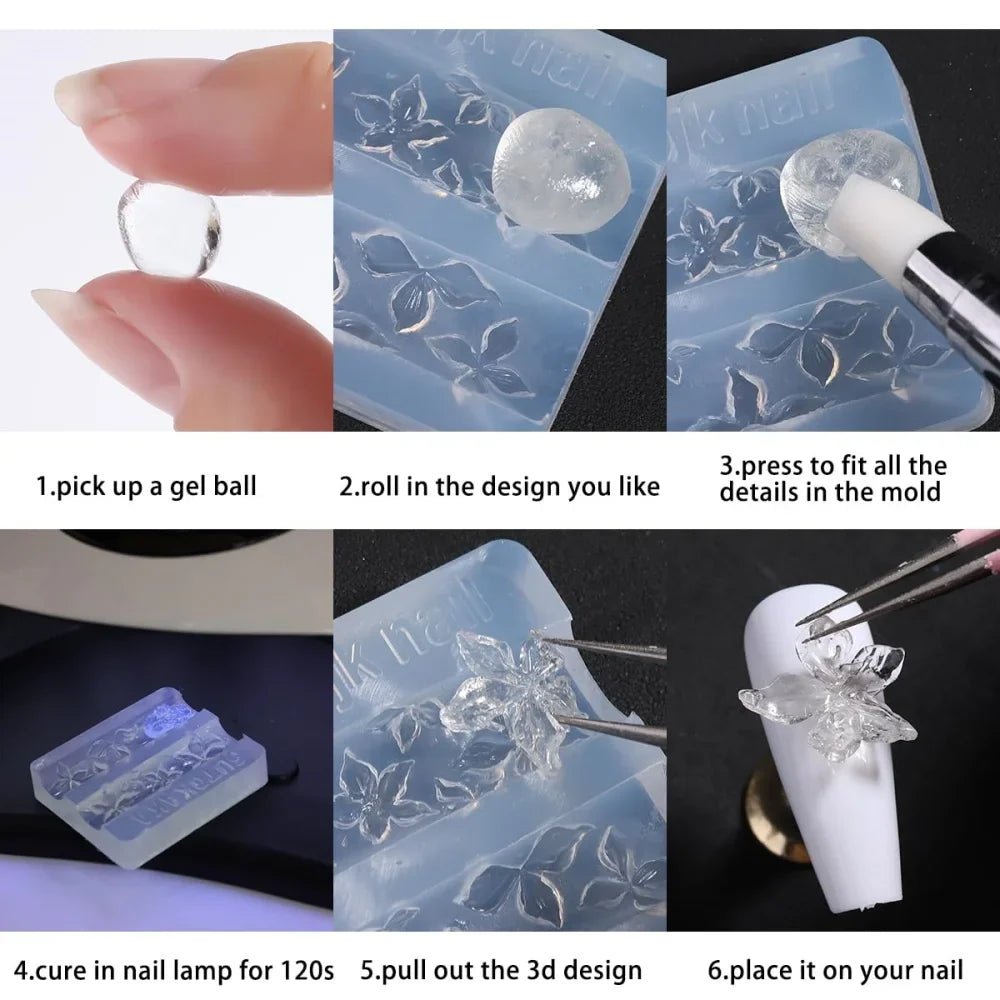 2/3pcs Relief Lily Flowers Nail Carving Mold 3D Silicone Hibiscus Flowers Petals Modeling Templates Clear Resin Epoxy Nail Tools