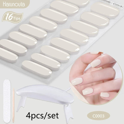Harunouta 4pcs/set Gradient Jelly Semi Cured Gel Nail Strips with Nail Lamp Nude Pink Waterproof Nail Stickers Long Lasting Wrap