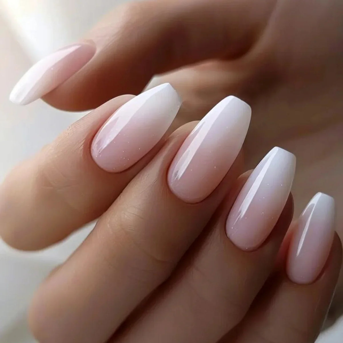 24Pcs Simple Square Head Fake Nail with Jelly Glue Pink White Gradient French Press on False Nails Short Full Cover Nail Tips