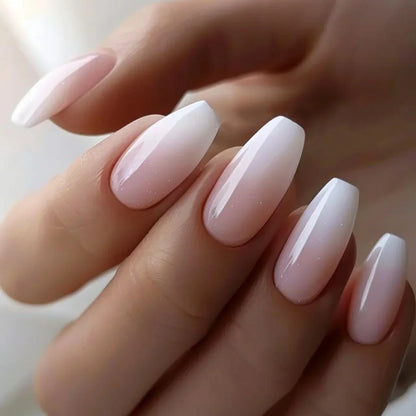 24Pcs Simple Square Head Fake Nail with Jelly Glue Pink White Gradient French Press on False Nails Short Full Cover Nail Tips