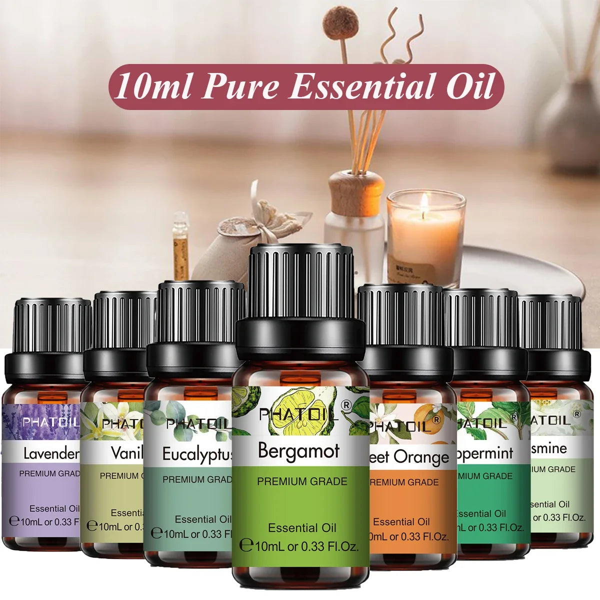 PHATOIL Natural Plant Essential Oil 10ml Eucalyptus Lavender Bergamot Vanilla Peppermint 1PCS Aroma Essential Oils For Diffuser