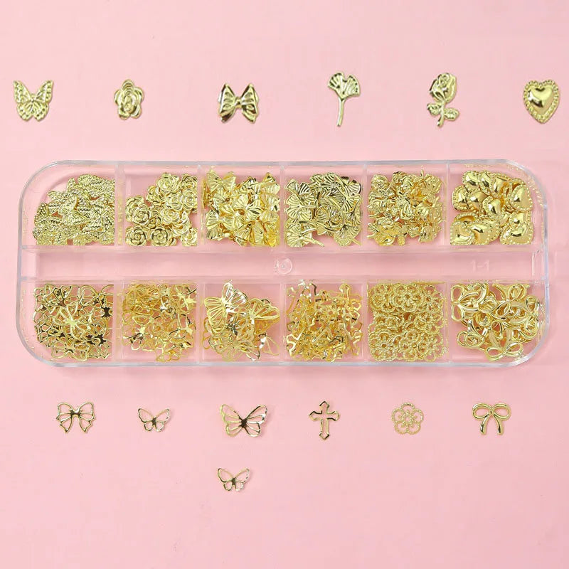 120pcs/box 3D Gold Bow Butterfly Nail Metal Charms Shiny Cute Bowtie/Diamond Star Nail Jewelry 120 Luxury Nail Art Supplies #RE4