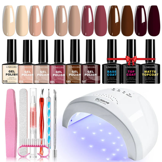 LIMEGIRL Gel Nail Polish Set UV LED Nail Light Gel Nail Kit Semi-Permanent Gel Varn Professional Nail Polishing Art Tool Set