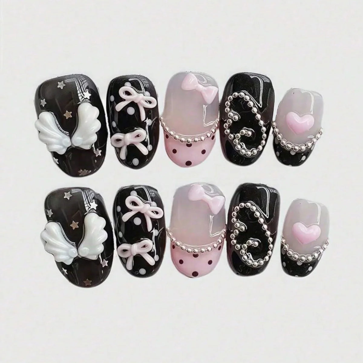 10pcs pure hand pressed short circular nail art, beautiful fake nails, sweet and cool pink bow, suitable for women to use