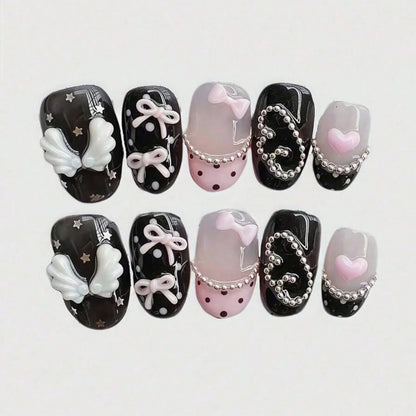 10pcs pure hand pressed short circular nail art, beautiful fake nails, sweet and cool pink bow, suitable for women to use