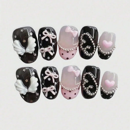 10pcs pure hand pressed short circular nail art, beautiful fake nails, sweet and cool pink bow, suitable for women to use