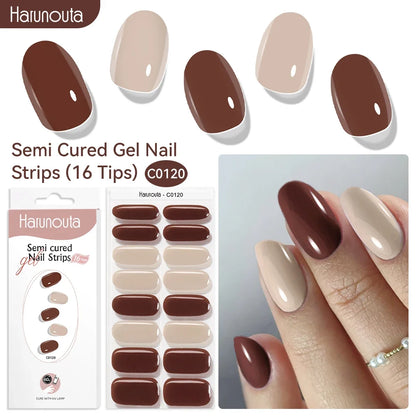 Harunouta 16strips Gradient Red Marble Gold Line Semi Cured Gel Nail Strips DIY Gel Polish Stickers for Nails Work with UV/LED